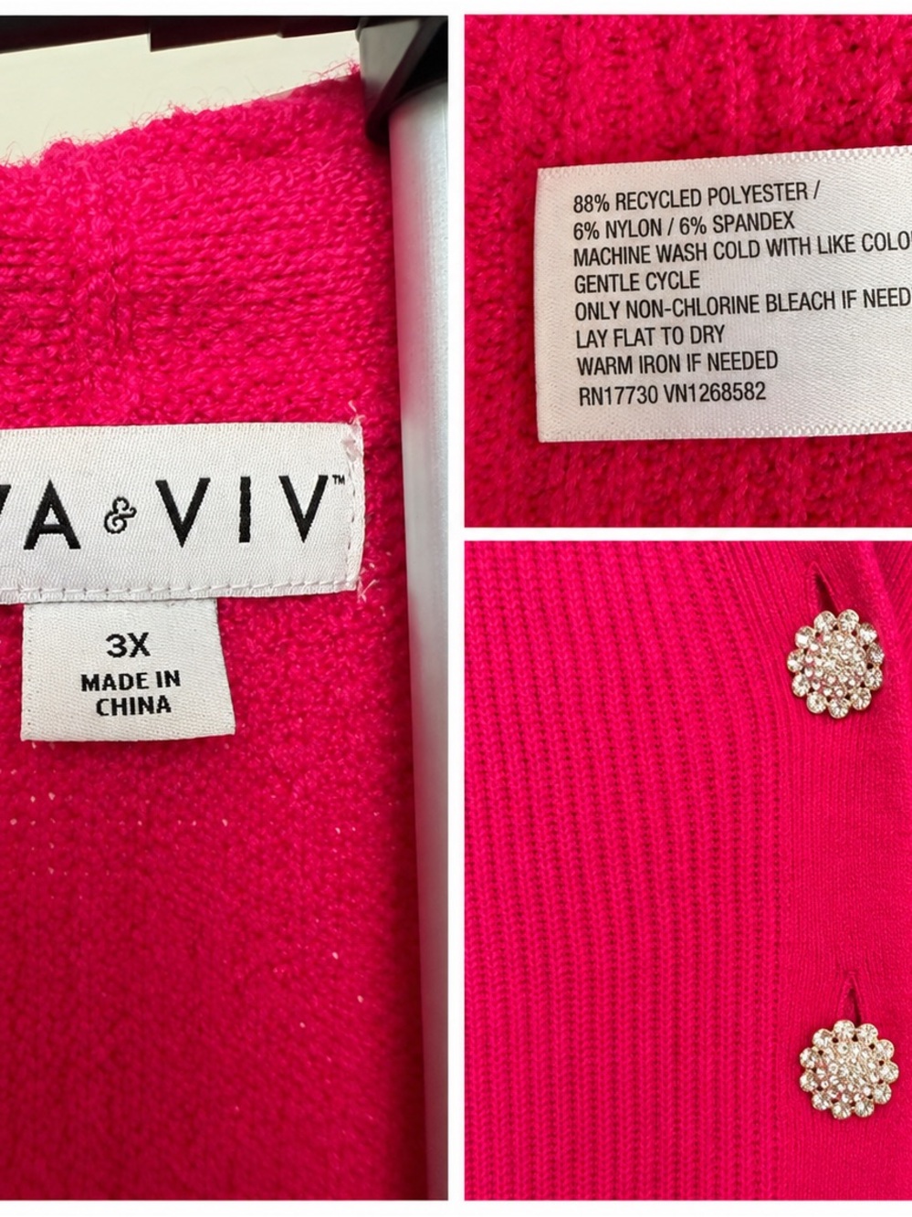 Ava & Viv 3X Fuchsia Rhinestone Button Cardigan Plus Size